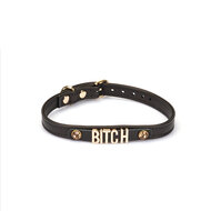Liebe Seele - Smalle Collar Met Gouden Letters en Sierkristallen - Bitch - Italiaans Kwaliteitsleder - Zwart