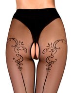 Ballerina - Open Kruis Panty - Flower Scrolls - 20 denier - Zwart - Maat L/XL