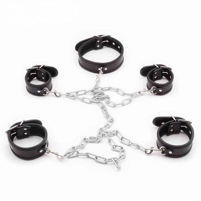 Smart Moves - Collar met Hand en Enkelboeien - Inclusief Verbindingsketting - Zwart/Zilver-Erotiekvoordeel.nl