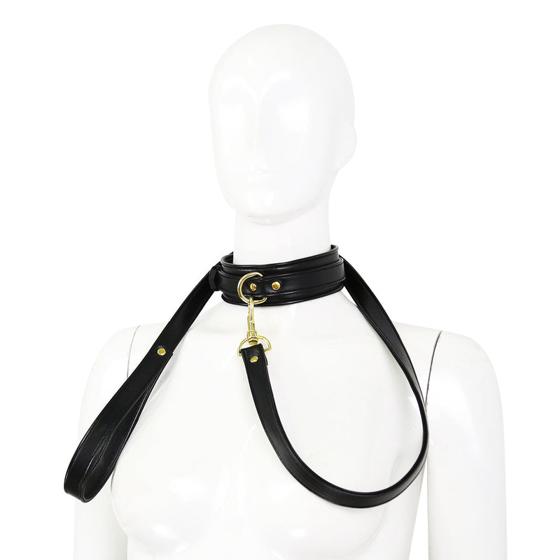 Smart Moves - Collar met Leiband - Goudkleurig Metalen Hardware - Zwart-Erotiekvoordeel.nl