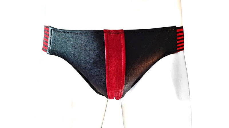 Rouge - Lederen Jockstrap met Stripes - Zwart/Rood-Erotiekvoordeel.nl