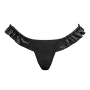 Rimba - Luxe Lederen Dames String met Ruches - Rekbare Bandjes - Zwart - Maat S/M