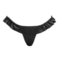 Rimba - Luxe Lederen Dames String met Ruches - Rekbare Bandjes - Zwart - Maat S/M