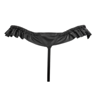 Rimba - Luxe Lederen Dames String met Ruches - Rekbare Bandjes - Zwart - Maat L/XL