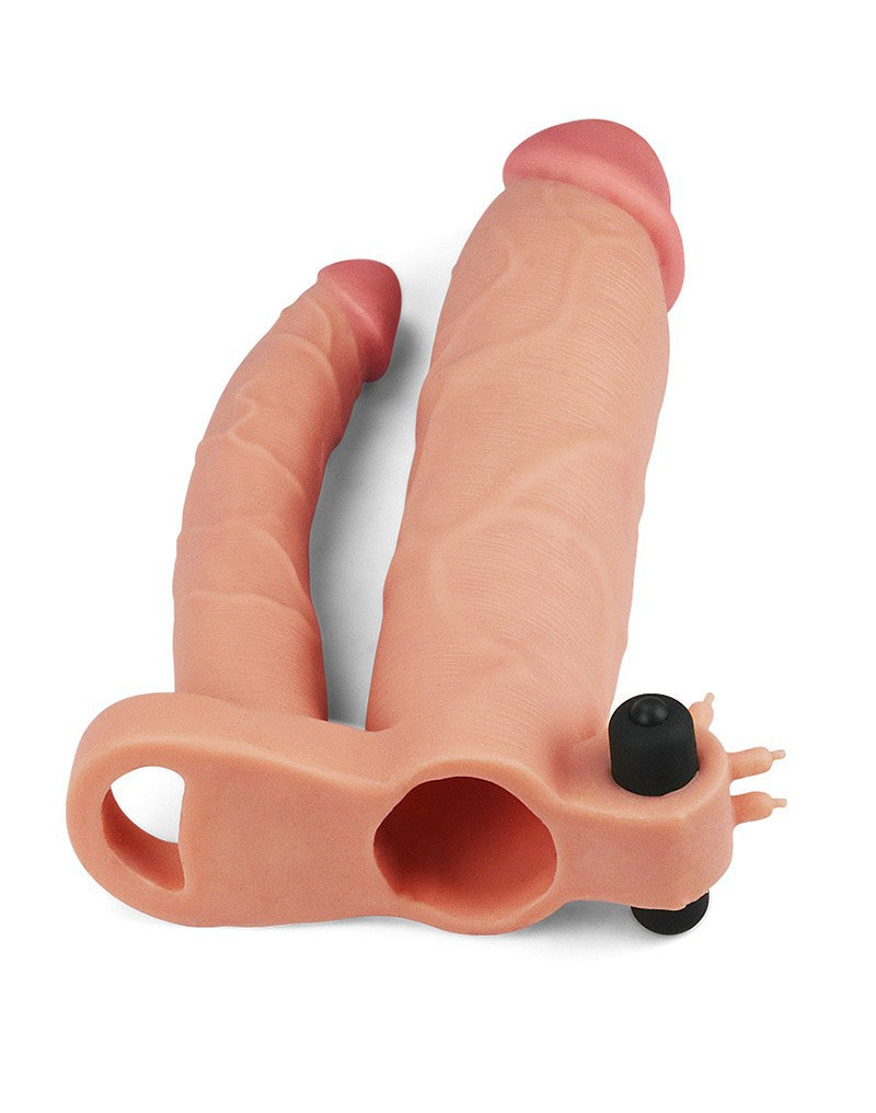 LoveToy - Pleasure X-tender Vibrerende Dubbele Penis Sleeve - 21 en 17 cm - Lichte Huidskleur