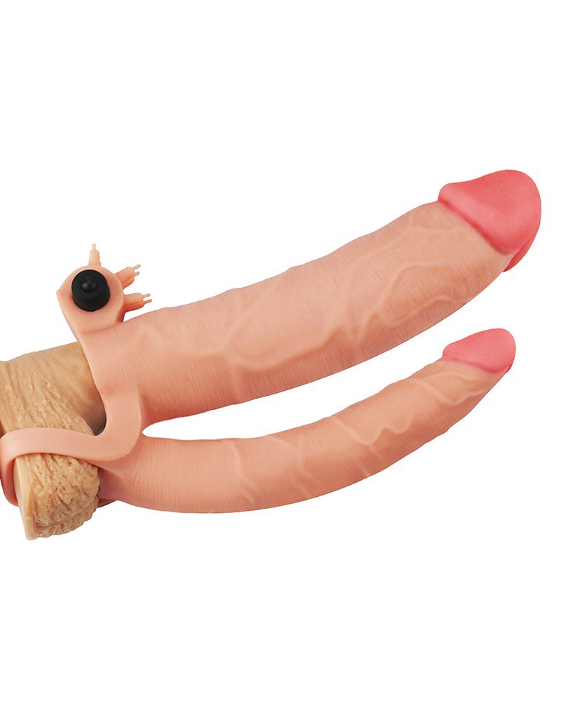 LoveToy - Pleasure X-tender Vibrerende Dubbele Penis Sleeve - 21 en 17 cm - Lichte Huidskleur