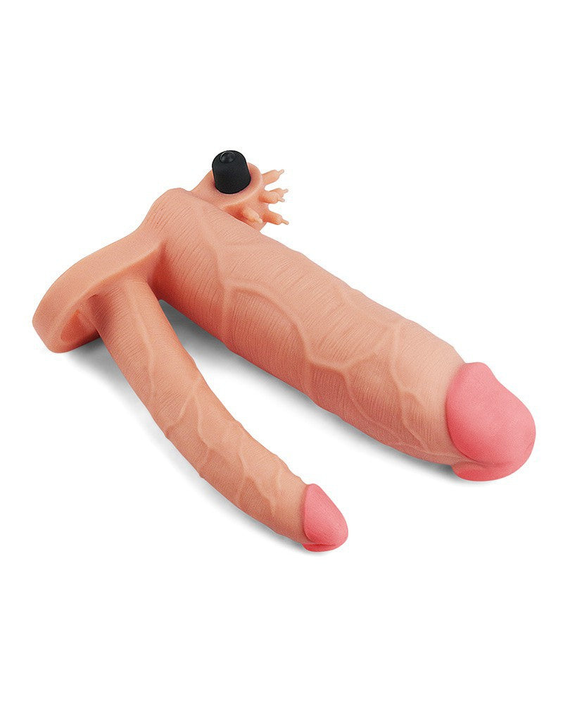 LoveToy - Pleasure X-tender Vibrerende Dubbele Penis Sleeve - 21 en 17 cm - Lichte Huidskleur