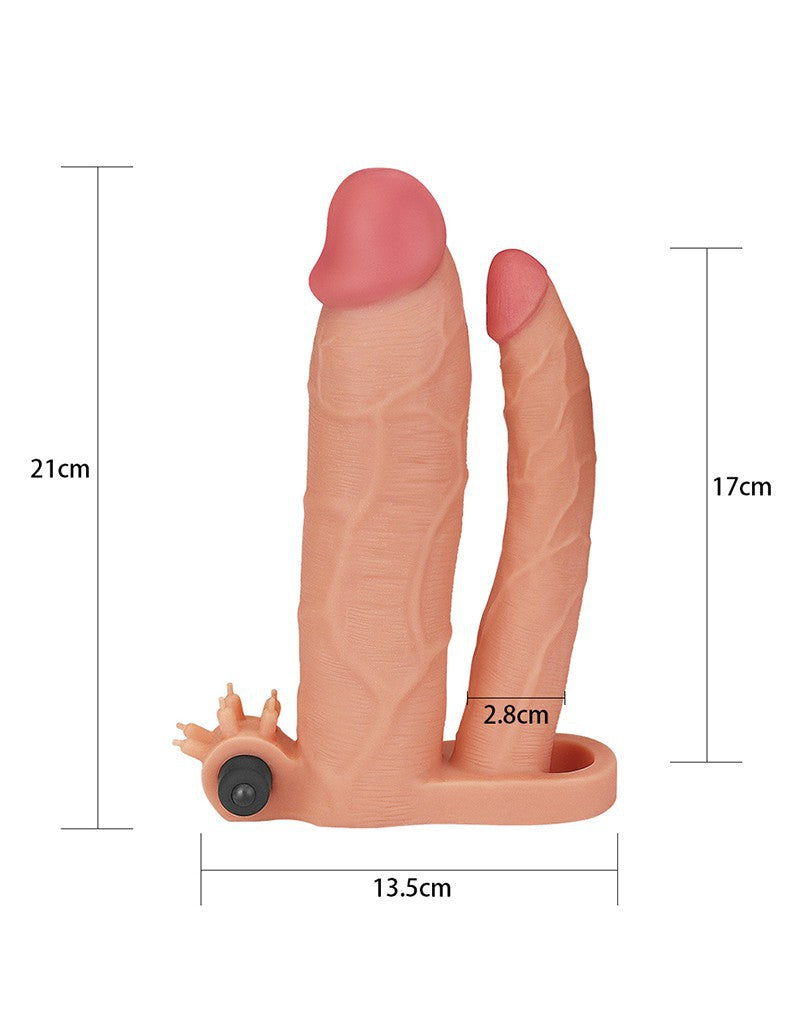 LoveToy - Pleasure X-tender Vibrerende Dubbele Penis Sleeve - 21 en 17 cm - Lichte Huidskleur