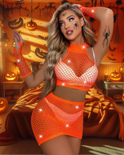 Snapshot - #supernatural - Rokje, topje en handschoenen set met strass - One Size - Oranje-Erotiekvoordeel.nl