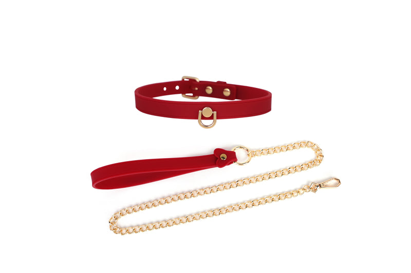 Smart Moves - Smalle Siliconen Collar met Leash en Gouden Leiband - Rood-Erotiekvoordeel.nl