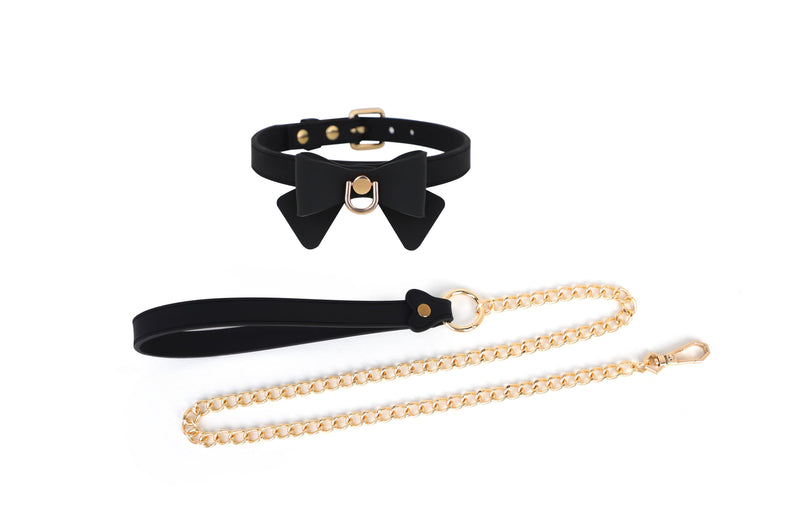 Smart Moves - Siliconen Collar met Strik en Gouden Leiband - Zwart-Erotiekvoordeel.nl