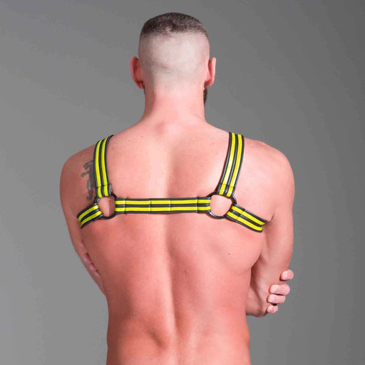 665 - Riemenbody - Neoprene Bulldog Harness - Zwart/Geel - Verkrijgbaar in 3 maten
