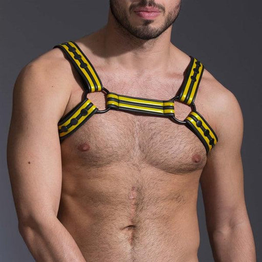 665 - Riemenbody - Neoprene Bulldog Harness - Zwart/Geel - Verkrijgbaar in 3 maten