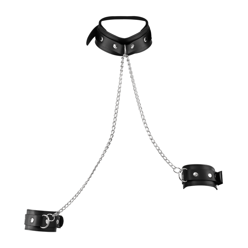 Rimba - Lederen Boeienset met Halsband en Ketting - Zwart/Zilver
