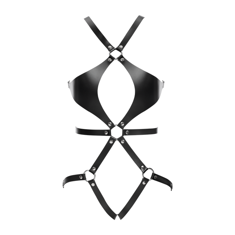 Rimba - Lederen Body Harnas met Cups - Zwart