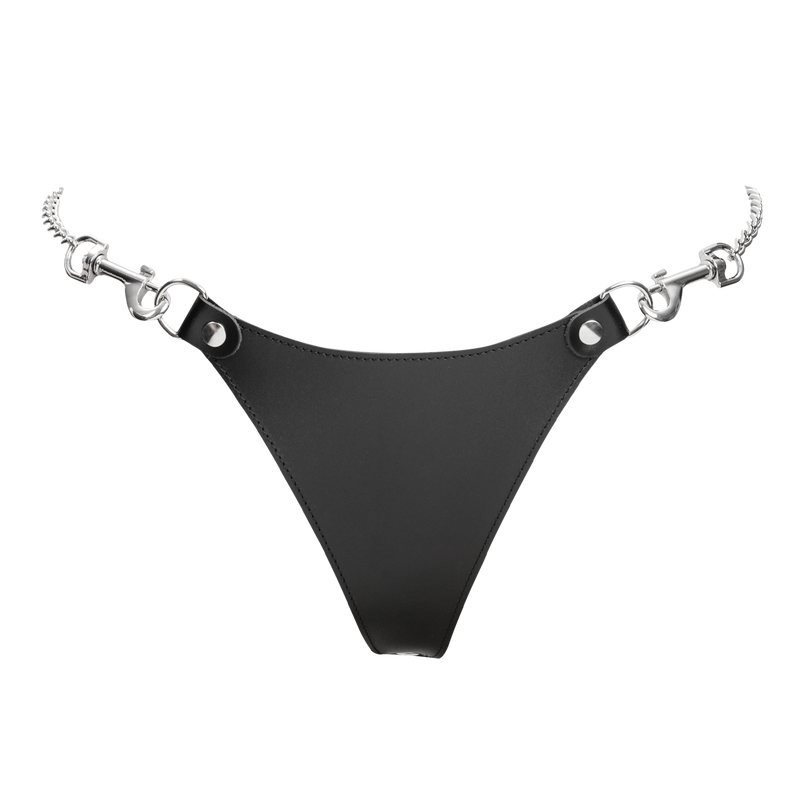 Rimba - Lederen string met afneembare kettingen - Zwart/Zilver-Erotiekvoordeel.nl