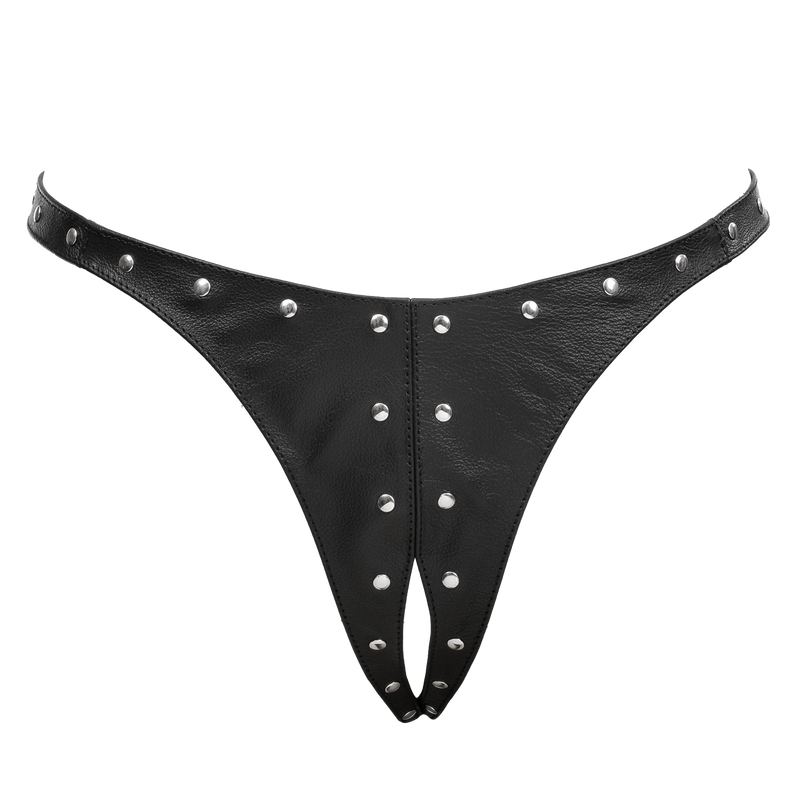 Rimba - Lederen Dames String met Open Kruis - Gedecoreerd met Studs - Zwart