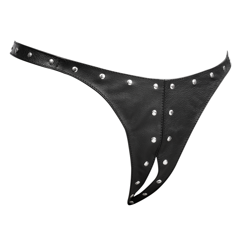 Rimba - Lederen Dames String met Open Kruis - Gedecoreerd met Studs - Zwart