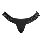 Rimba - Luxe Lederen Dames String met Ruches - Rekbare Bandjes - Zwart