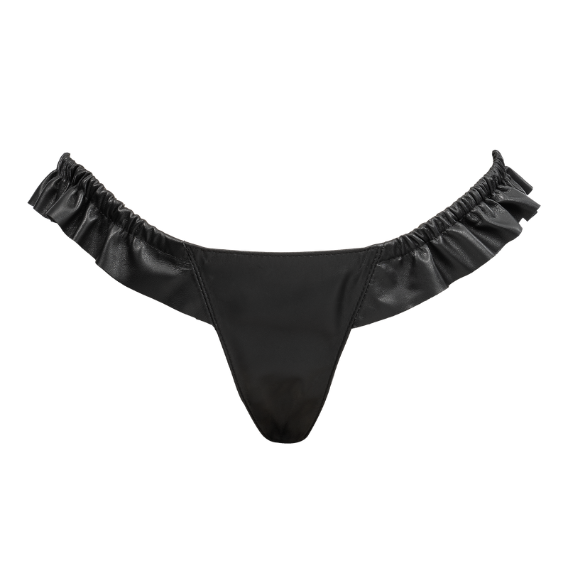 Rimba - Luxe Lederen Dames String met Ruches - Rekbare Bandjes - Zwart