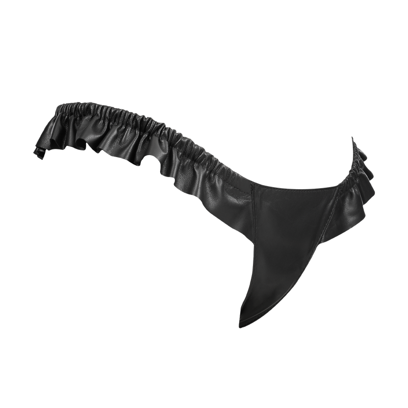 Rimba - Luxe Lederen Dames String met Ruches - Rekbare Bandjes - Zwart
