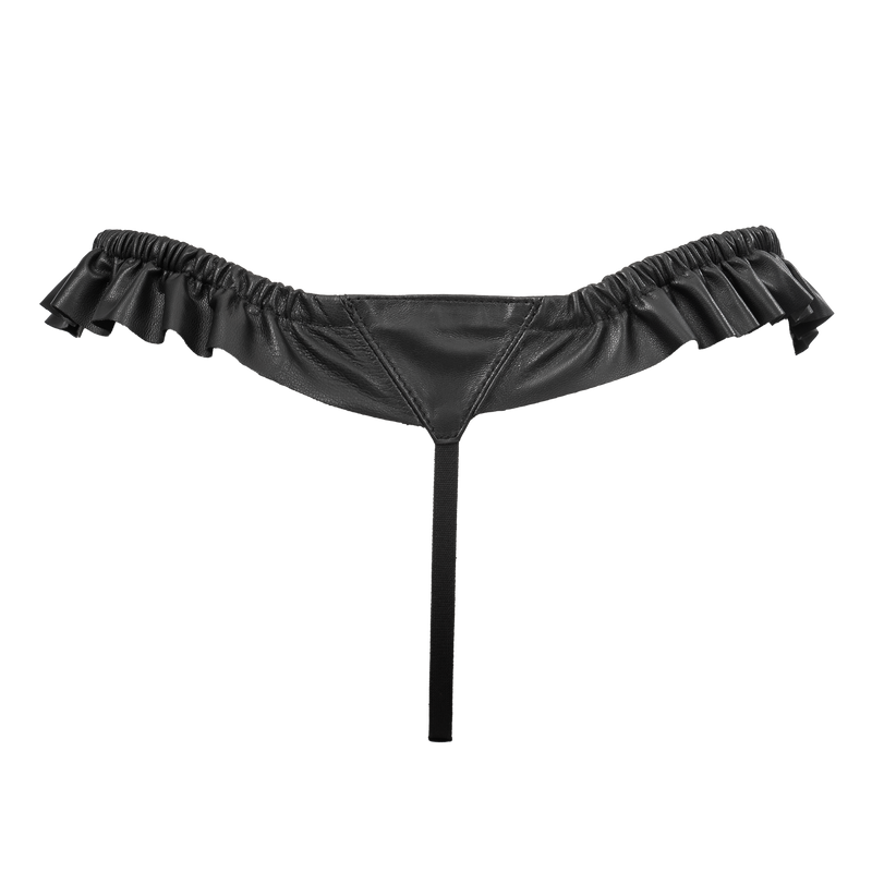 Rimba - Luxe Lederen Dames String met Ruches - Rekbare Bandjes - Zwart
