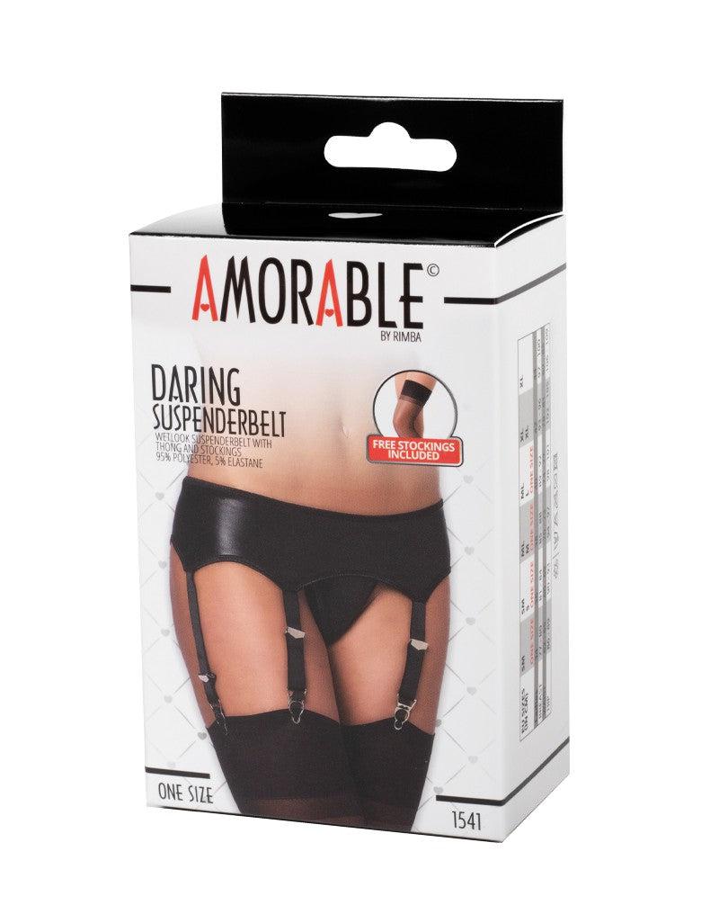 Amorable - Wetlook Jarretelgordel Met Slip En Kousen - Zwart - One Size