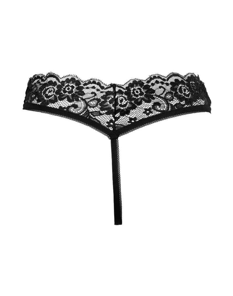 Amorable - G-String met Kanten Ruches - Open Kruis - One Size - Zwart