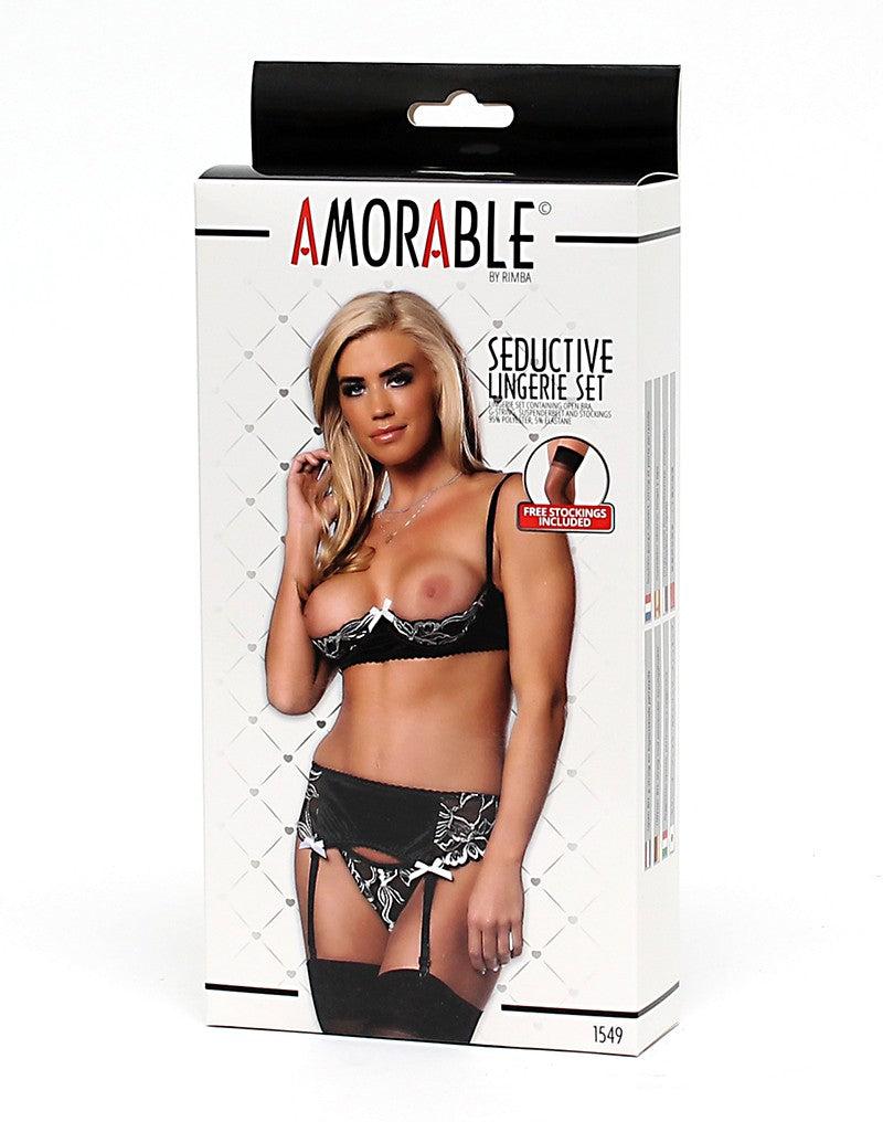 Amorable - Open Cup BH - Incl. String, Jarretelgordel en Kousen - Zwart/Wit-Erotiekvoordeel.nl