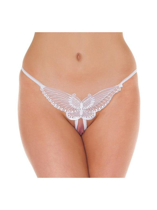 Amorable - Luxe Kanten Vlinder String Met Open Kruis - Wit - One Size