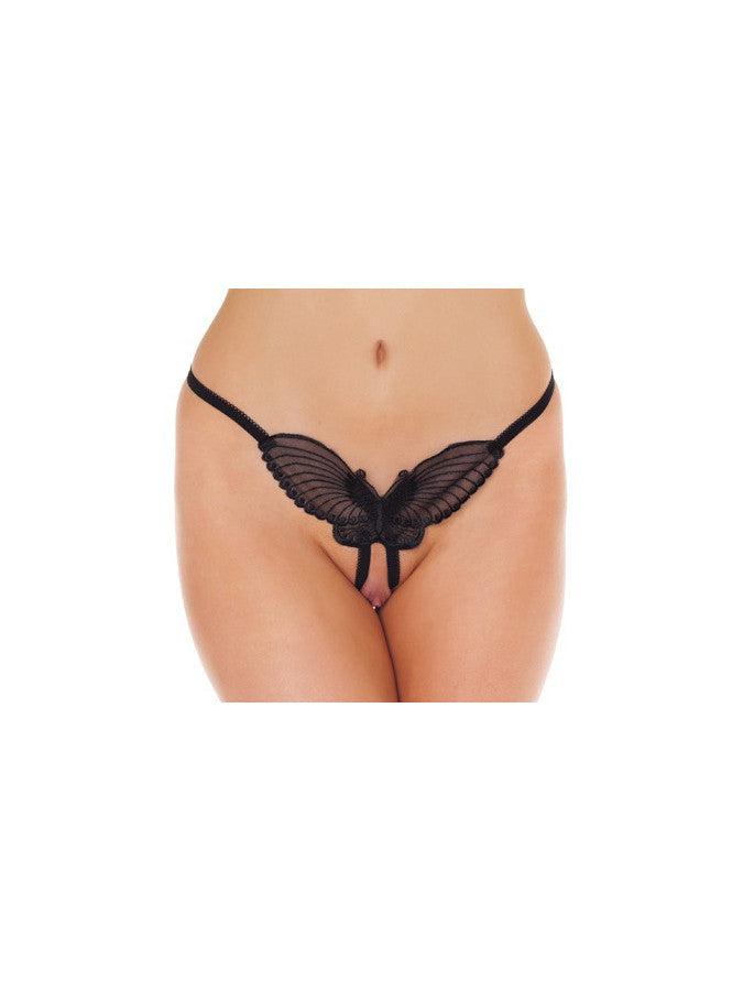 Amorable - Luxe Kanten Vlinder String Met Open Kruis - Zwart - One Size