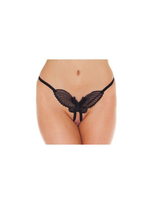 Amorable - Luxe Kanten Vlinder String Met Open Kruis - Zwart - One Size