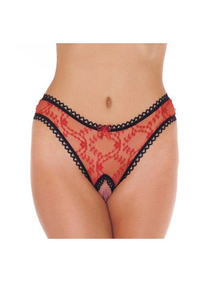 Amorable - Transparant Slipje Met Open Kruis - Rood/Zwart