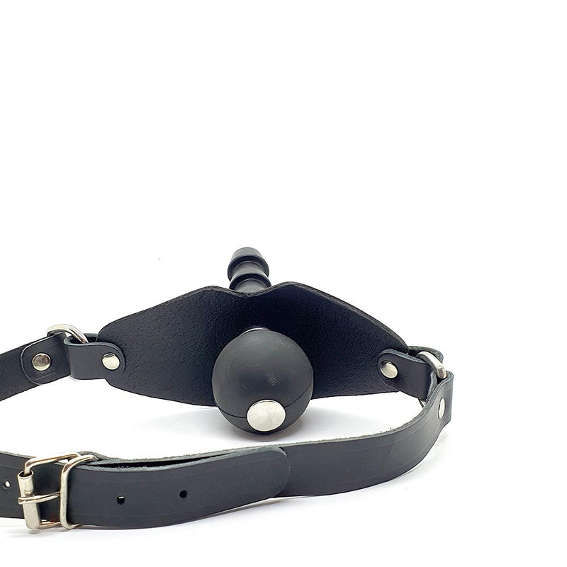 Black Label - Ball Gag met Vac U Lock Aansluiting en Lederen Strap - Zwart