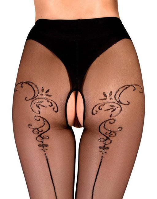 Ballerina - Open Kruis Panty - Flower Scrolls - 20 denier - Zwart