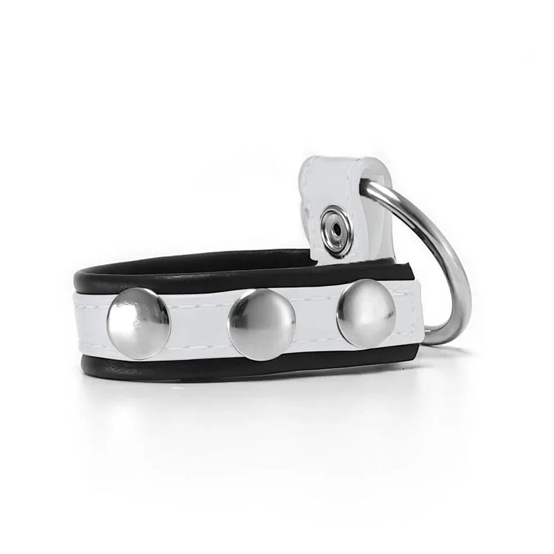 Black Label - Leren Cockstrap met Metalen Penisring - Zwart/Wit