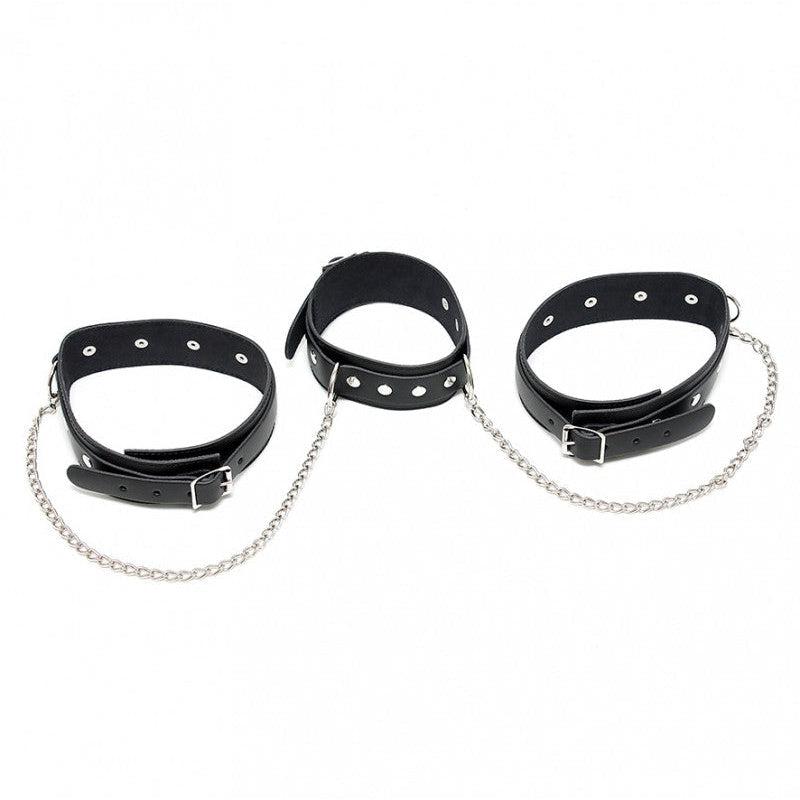 Rimba - Boeienset - Collar met Dijbeenboeien en Verbindingskettingen - Echt Leer - Zwart