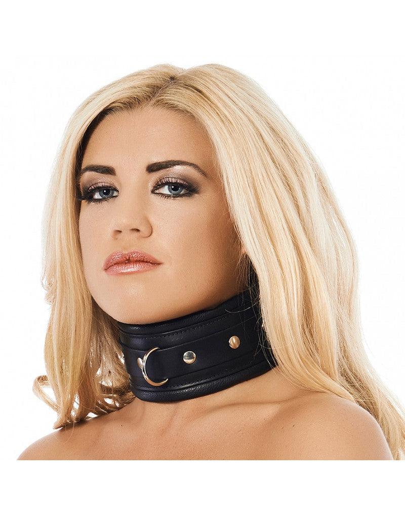 Rimba - Brede En Gevoerde Leren collar Met D-ring Zwart
