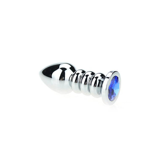 Buttplug Aluminium - Geribbeld - Met Siersteen - Blauw