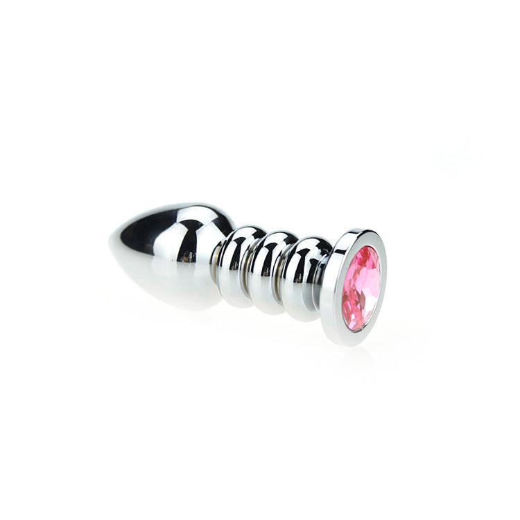 Buttplug Aluminium - Geribbeld - Met Siersteen - Roze