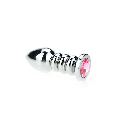 Buttplug Aluminium - Geribbeld - Met Siersteen - Roze