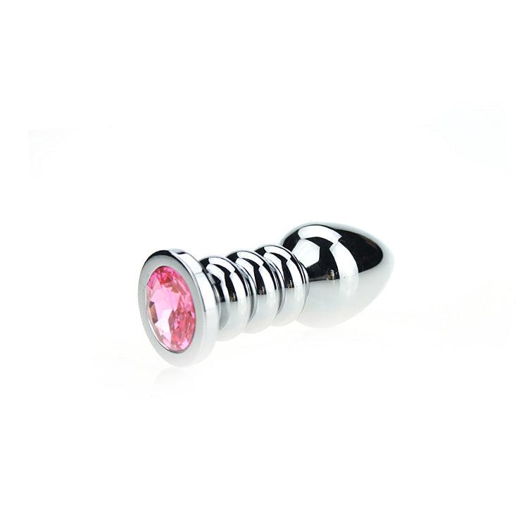 Buttplug Aluminium - Geribbeld - Met Siersteen - Roze