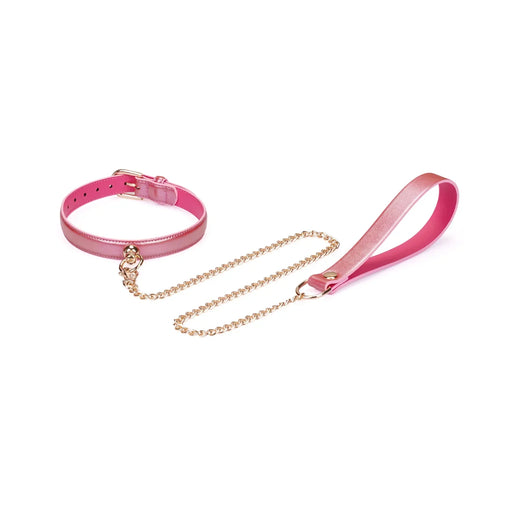 Liebe Seele - Lustre Rose - Lederen Collar met Leash - Parelmoer Roze met Gouden Hardware