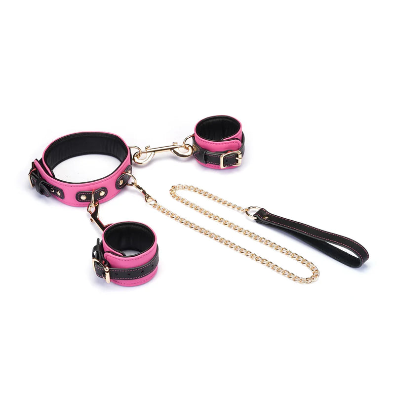 Liebe Seele - Polsboeien Collar en Leiband - Italiaans Leder - Pluche Voering - Roze/Zwart