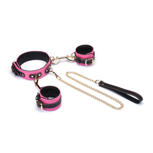 Liebe Seele - Polsboeien Collar en Leiband - Italiaans Leder - Pluche Voering - Roze/Zwart