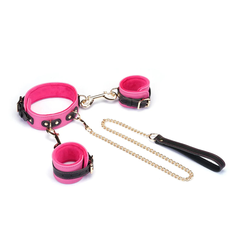 Liebe Seele - Polsboeien Collar en Leiband - Italiaans Leder - Pluche Voering - Roze/Zwart