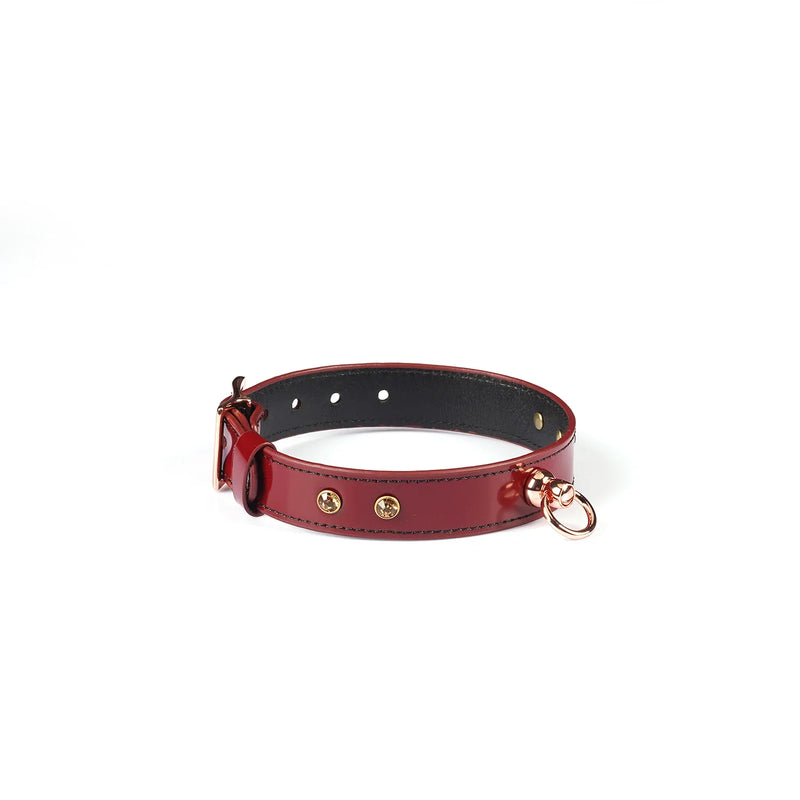 Liebe Seele - Premium Lederen Choker met Diamantjes - Wijnrood