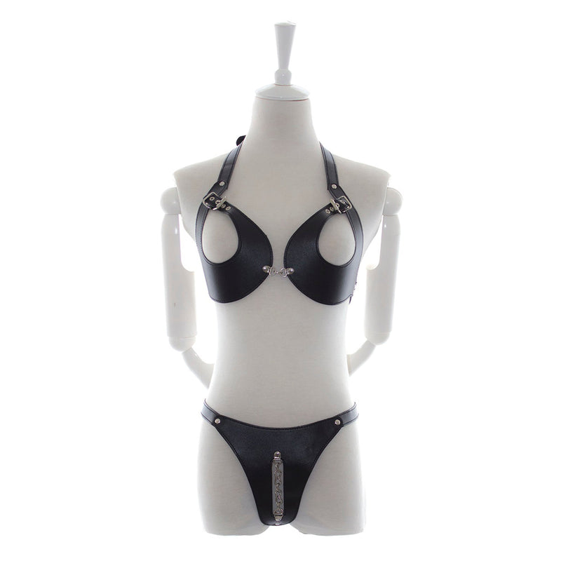 Fixxx - Fetish BH en Slipje met Open Kruis - Nr. 2 - PU-Leer - One Size - Zwart-Erotiekvoordeel.nl