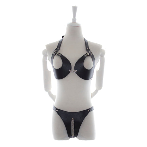 Fixxx - Fetish BH en Slipje met Open Kruis - Nr. 2 - PU-Leer - One Size - Zwart-Erotiekvoordeel.nl