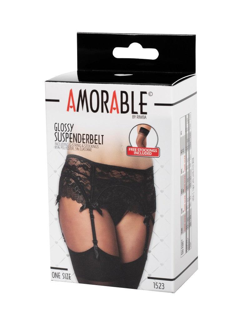 Amorable - Kanten Jarretelgordel Met Open Achterkant - Inclusief String En Kousen - Zwart